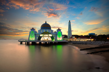 Malacca straits mosque at sunset, Malaysia