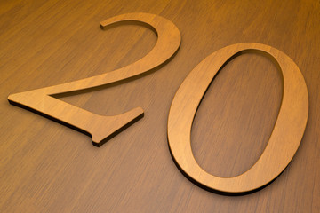 Wooden number 20 on wood background, 3d illustration