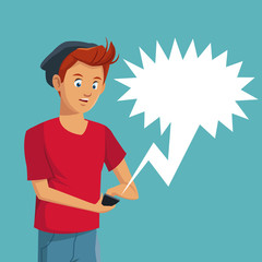 boy teen user smartphone conversation bubble speech vector illustration
