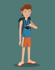 young boy tourist photo camera flip flop vector illustration eps 10