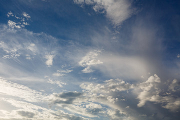 Fototapeta na wymiar Cumulus clouds against a blue sky. Partly Cloudy. Weather forecast.