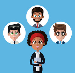 cartoon afro woman work ofice folder with group men vector illustration eps 10