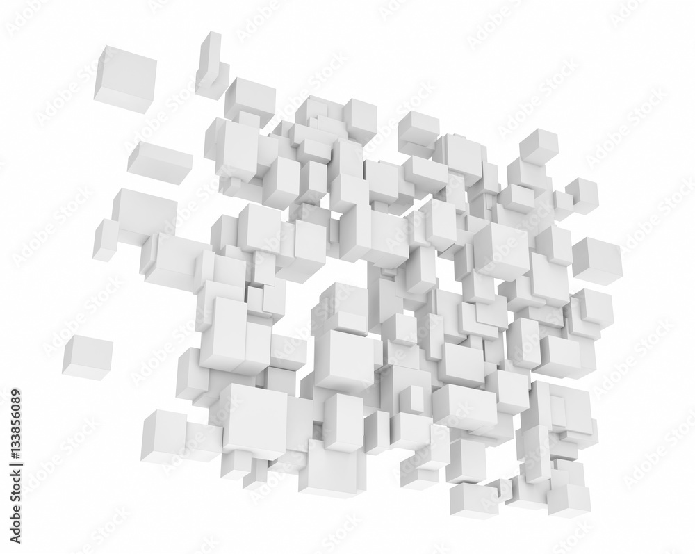 Poster rendering of white square and rectangle blocks hanging vertically