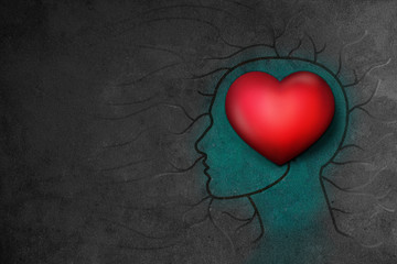 Human head with 3d Red Heart over dark Grunge Background