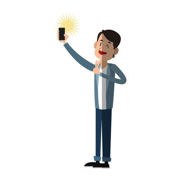 young man cartoon using a smartphone over white background. colorful design. vector illustration