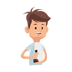 boy cartoon playing videogames over white background. colorful design. vector illustration