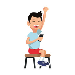 boy cartoon playing videogames over white background. colorful design. vector illustration