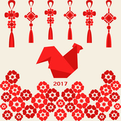 Happy Chinese new year 2017 of red rooster with decoration and flowers