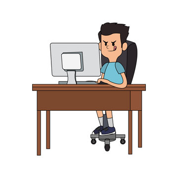 boy cartoon playing on computer over white background. colorful design. vector illustration
