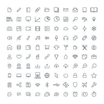 Web minimalistic universal thin line 100 icon set on white background