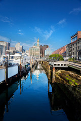 Boats tied up at Long Wharf, Boston, on a summer morning