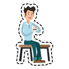 sticker of young man cartoon using a smartphone over white background. colorful design. vector illustration