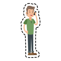 sticker of young man cartoon using a smartphone over white background. colorful design. vector illustration