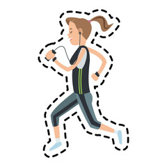 sticker of woman running and listening music icon over white background. colorful design. vector illustration