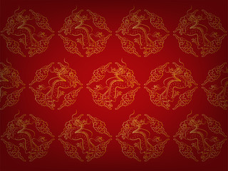 illustration vector fragment of red chinese pattern texture style wallpaper with golden dragons and chinese cloud, chinese dragon pattern wallpaper illustration vector design concept
