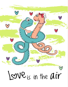 Saint Valentines Day card vector illustration. Greeting cover with cartoon characters. LOVE snakes in doodle style.