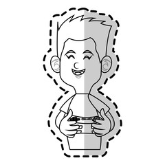 boy cartoon playing videogames over white background. vector illustration