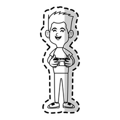 boy cartoon playing videogames over white background. vector illustration