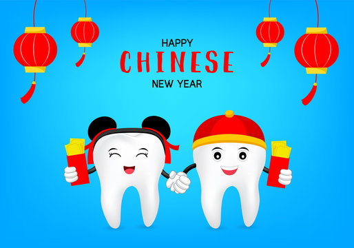 Cute cartoon tooth with  Chinese New Year elements. Illustration isolated on blue background.