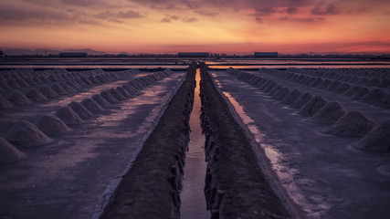 Fototapeta premium Salt fields in thailand in sunset