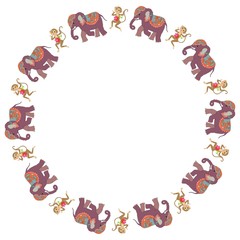 Round frame with cute cartoon elephants and dancing monkeys with clematis on white background. Vector illustration. Space for text. Packaging design.