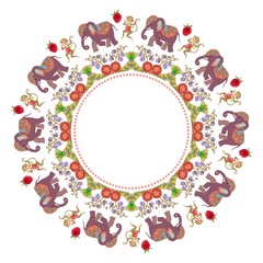 Beautiful round frame with flowers, cute cartoon elephants, dancing monkeys and raspberries. Vector illustration.