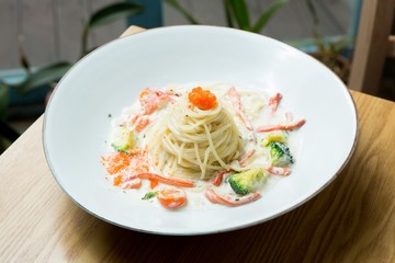 crab cream pasta on plate