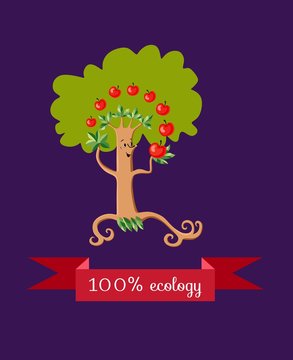 Unusual ecology icon. Merry fabulous apple tree, juggling fruit on dark lilac background. Beautiful packaging for juice.Vector illustration.