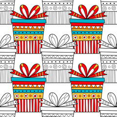 Seamless patterns with gift boxes for coloring book. Festive background