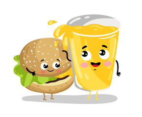 Cute burger and lemonade glass cartoon characters isolated on white background vector illustration. Funny fast food restaurant menu emoticon face icon. Happy smile cartoon face, comical burger, drink
