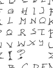 Hand drawn doodle letters and decorative elements seamless pattern. Black and white background.