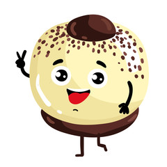Cute cake cartoon character isolated on white background vector illustration. Funny positive and friendly sweet dessert emoticon face icon. Happy smile cartoon face food, comical cake brownie mascot