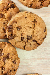 Closeup of chocolate chips cookies, shot from above