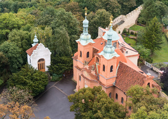 Fototapeta na wymiar An aerial view of St Lawrence Church (Katedralni chram sv. Vavrince) in Prague, CZ