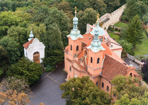 An aerial view of St Lawrence Church (Katedralni chram sv. Vavrince) in Prague, CZ