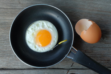 fried egg with pan on wood floor