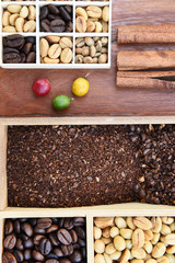 Coffee beans and fresh berries beans background