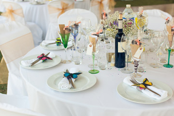 Beautifully served wedding table with a lot of decorations