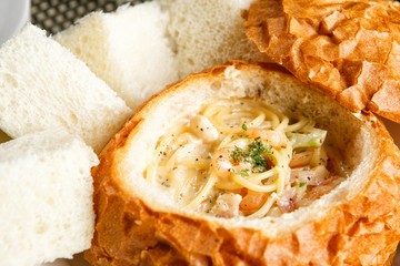 Pasta with Cream Sauce in Bread 