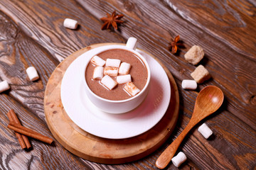 Hot Chocolate in cup with cocoa powder and cinnamon stick
