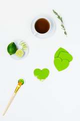 Green diy paint wooden hearts for gift still life