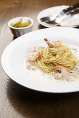 shrimp cream pasta on dish