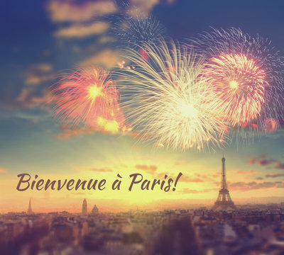 Abstract travel background: fireworks over Eiffel tower in Paris, France. Vintage colored picture
