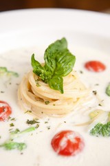 alfredo pasta on table