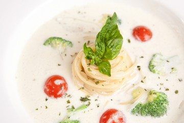 alfredo pasta on table