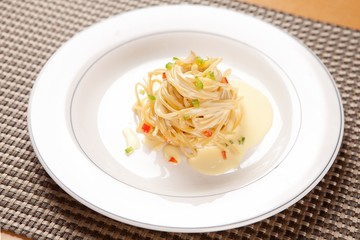 alfredo pasta on table