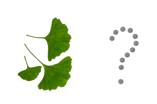 ginkgo biloba leaves with pills question mark on white background