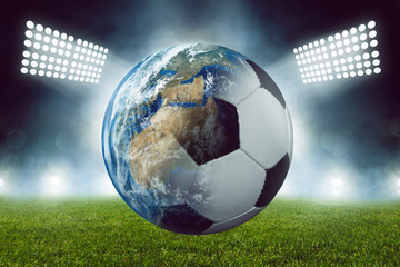 Plakat Fussball mit Welt vor Stadion