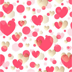 Valentines Day seamless modern luxury pattern. Festive abstract background with gold and pink hearts for cards, banners, posters, wallpapers, textiles, fabrics, wrapping papers, packaging etc
