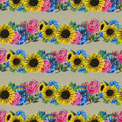 Seamless pattern with blue yellow and pink flowers